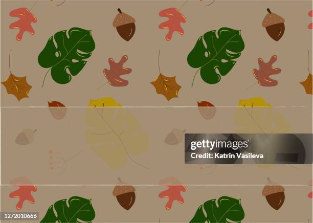 fall leafs label seamless pattern on a light brown background - philodendron leaf stock illustrations