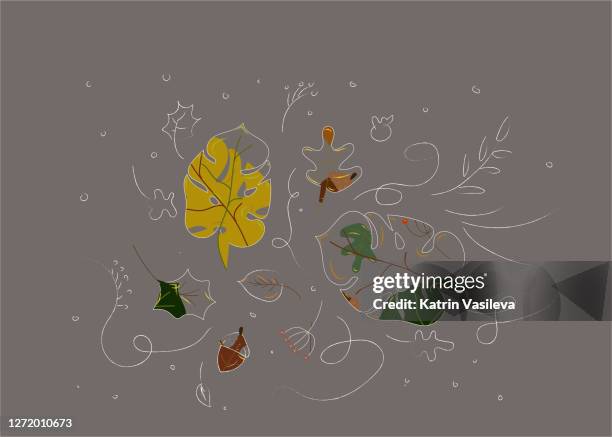 abstract autumn leafs with hand drawn doodle on a grey background - philodendron stock illustrations