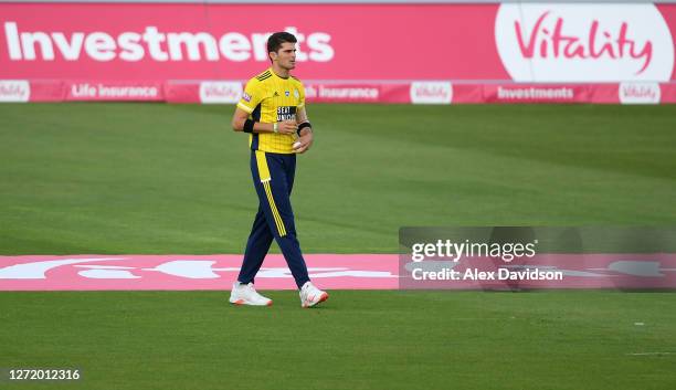 Shaheen Afridi of Hampshire looks on during the Vitality Blast match between Hampshire and Sussex Sharks at The Ageas Bowl on September 10, 2020 in...