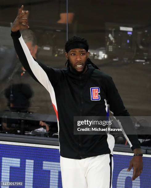 Montrezl Harrell of the LA Clippers reacts during the third quarter against the Denver Nuggets in Game Five of the Western Conference Second Round...