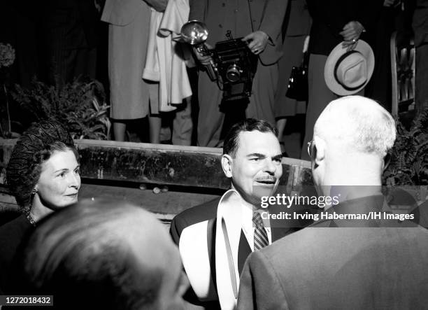 Frances Hutt Dewey and her husband American lawyer, prosecutor, politician and Republican candidate Thomas E. Dewey talk to American politician and...