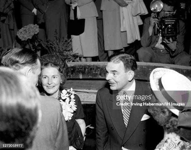 Frances Hutt Dewey and her husband American lawyer, prosecutor, politician and Republican presidential candidate Thomas E. Dewey talk to supporters...
