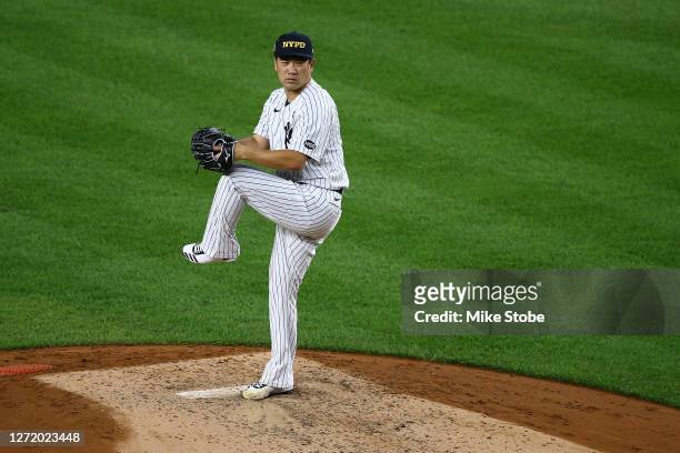 Masahiro Tanaka of the New York Yankees pitches in the third inning against the Baltimore Orioles at Yankee Stadium on September 11, 2020 in New York...