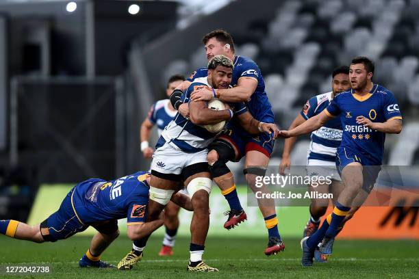 Hoskins Sotutu of Auckland runs into the defence during the round 1 Mitre 10 Cup match between Otago and Auckland at Forsyth Barr Stadium on...