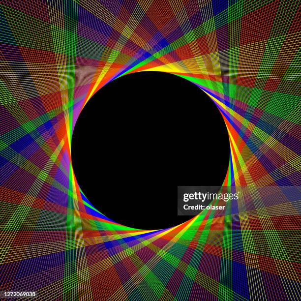 abstract multicolored lines rotating and touching black sphere, copy space in middle. - black cherry stock illustrations
