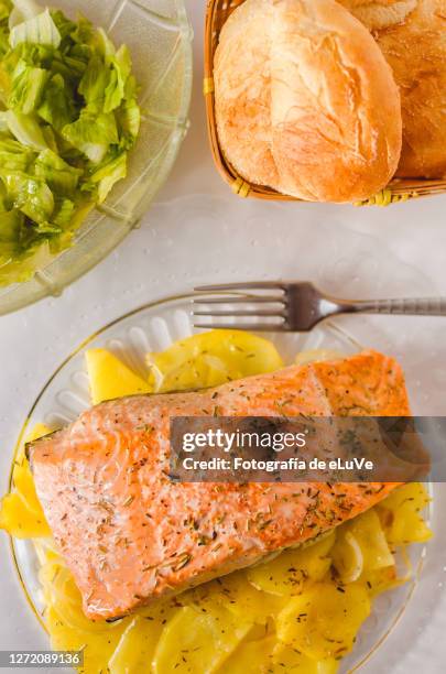 high angle view of salmon with potato - baked salmon stock pictures, royalty-free photos & images