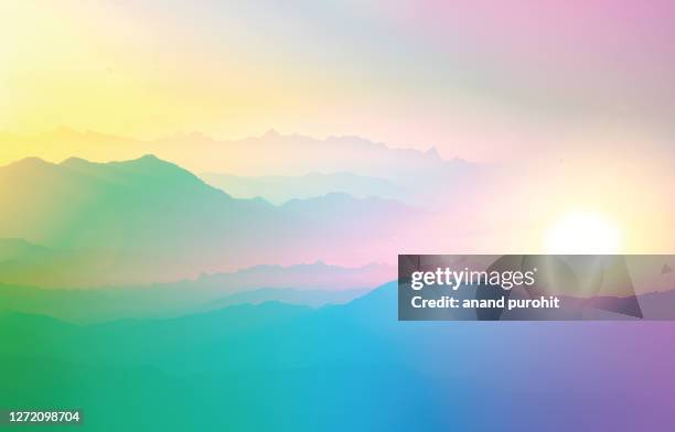 background abstract misty mountain range colourful wallpaper digital art gradiant pastel dramatic backdrop - 空気感 ストックフォトと画像