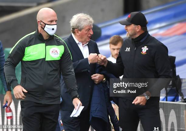 Roy Hodgson, Manager of Crystal Palace greets Ralph Hasenhuttl, Manager of Southampton prior to the Premier League match between Crystal Palace and...