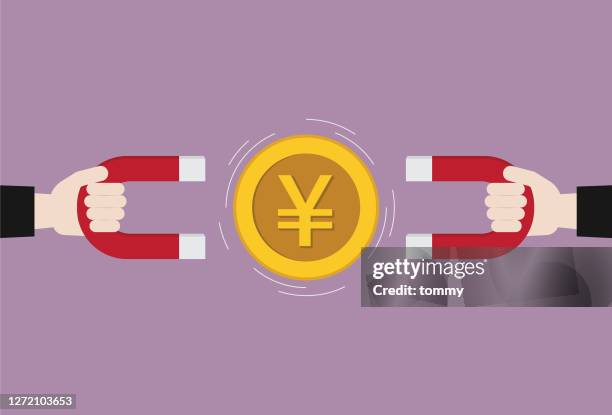 two businessmen use a magnet for yen coin - pull quote stock illustrations