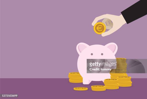 businessman putting euro coin into a piggy bank - european union coin stock illustrations