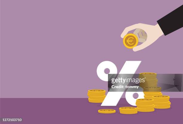 ilustraciones, imágenes clip art, dibujos animados e iconos de stock de empresario poniendo una moneda de euro en un símbolo porcentual - tasa de interés