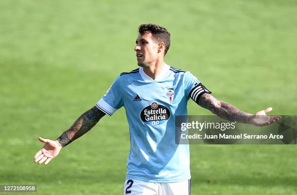 Hugo Mallo of Celta Vicelebrates victory reacts during the La Liga Santander match between SD Eibar and RC Celta at Estadio Municipal de Ipurua on...