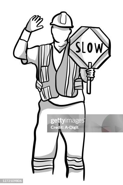 road construction slow down sign - traffic cop stock illustrations