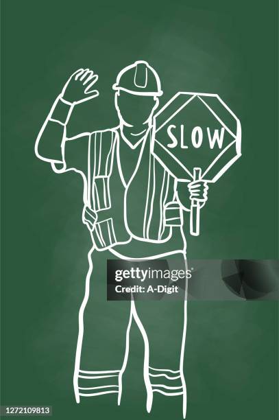 road construction slow down sign chalkboard - person directing traffic stock illustrations