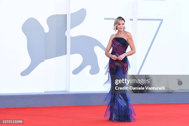 Festival Hostess Anna Foglietta walks the red carpet ahead of closing ceremony at the 77th Venice Film Festival on September 12, 2020 in Venice,...