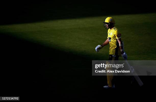 Mason Crane of Hampshire walks off after being dismissed during the Vitality Blast match between Middlesex and Hampshire at Lord's Cricket Ground on...