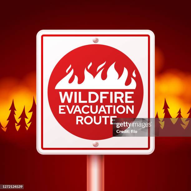 stockillustraties, clipart, cartoons en iconen met wildvuur evacuatie route fire danger - bosbrand