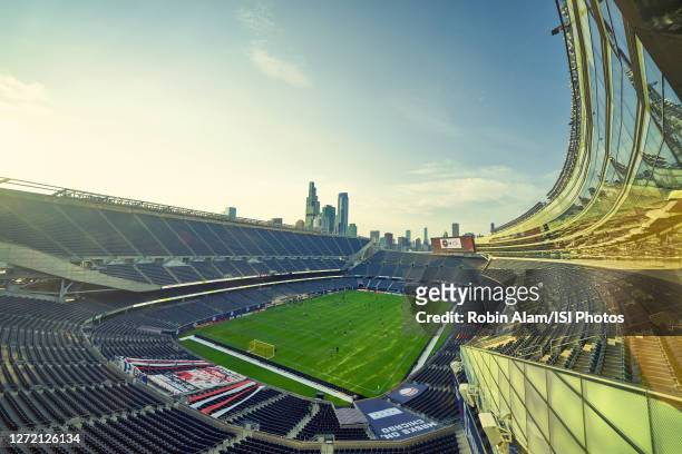 General view of Soldier Field is seen as players warm up before a game between New England Revolution and Chicago Fire at Soldier Field on September...