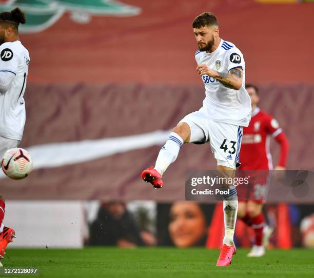 Mateusz Klich of Leeds United scores his team's third goal during the Premier League match between Liverpool and Leeds United at Anfield on September...