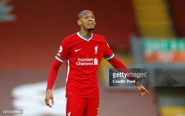 Fabinho of Liverpool reacts during the Premier League match between Liverpool and Leeds United at Anfield on September 12, 2020 in Liverpool, England.