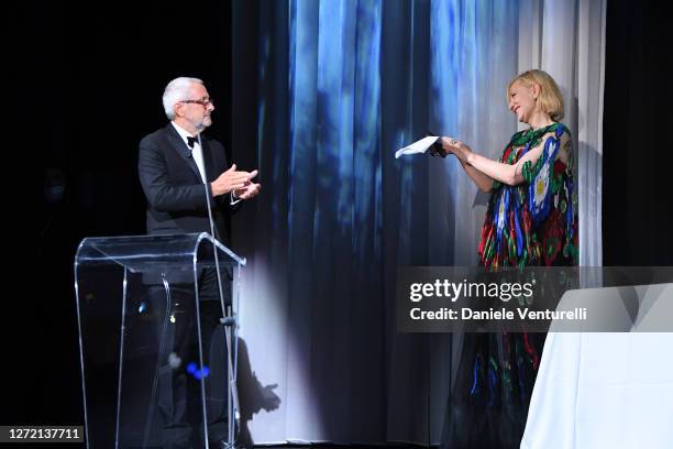 La Biennale Di Venezia President Roberto Cicutto and Venezia77 Jury President Cate Blanchett attend the closing ceremony at the 77th Venice Film...