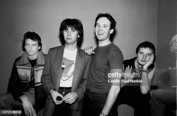 Members of British New Wave group XTC as they pose backstage at the Aragon Ballroom In Chicago, Illinois, November 22, 1980. Pictured are Terry...