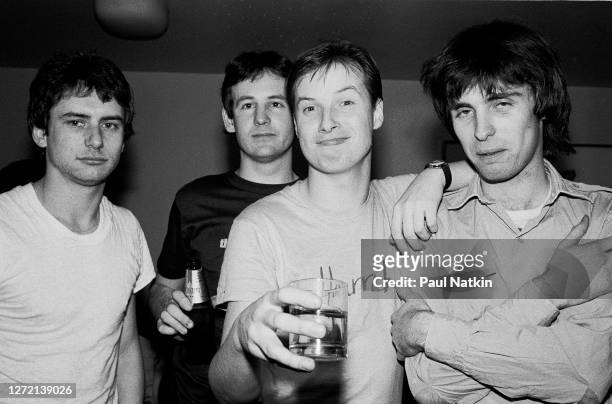 Members of British New Wave group XTC as they pose backstage at the Park West, Chicago, Illinois, February 8, 1980. Pictured are Dave Gregory, Terry...