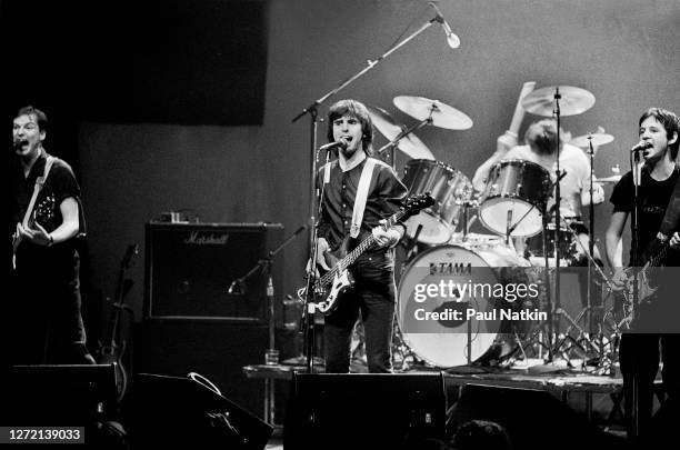 British New Wave group XTC performs onstage the Park West, Chicago, Illinois, February 8, 1980. Pictures are Andy Partridge, Colin Moulding, Terry...