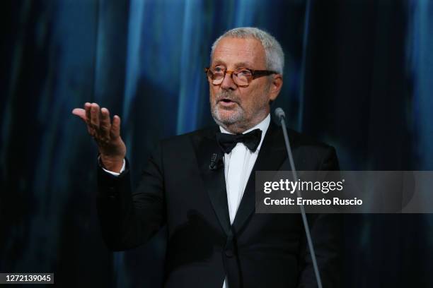 Director Andrei Konchalovsky poses with the Special Jury Prize during the closing ceremony at the 77th Venice Film Festival on September 12, 2020 in...