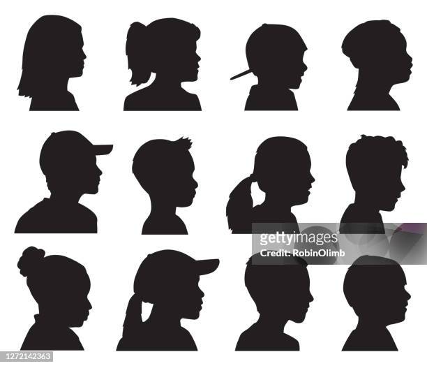 zwölf kinder kopf profil silhouetten - mädchen stock-grafiken, -clipart, -cartoons und -symbole