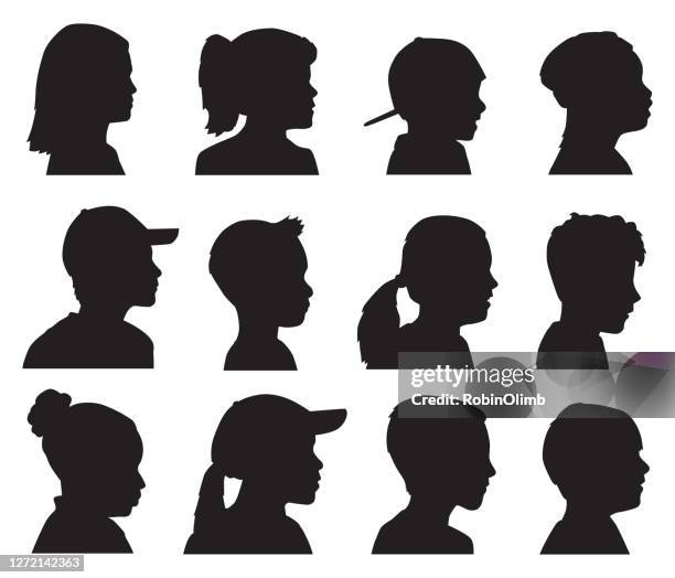 ilustraciones, imágenes clip art, dibujos animados e iconos de stock de doce siluetas de perfil de cabeza para niños - foto de cabeza