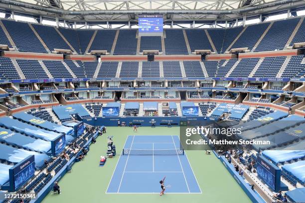 General view of Arthur Ashe stadium is seen as Naomi Osaka of Japan serves the ball in the first set during her Women's Singles final match against...