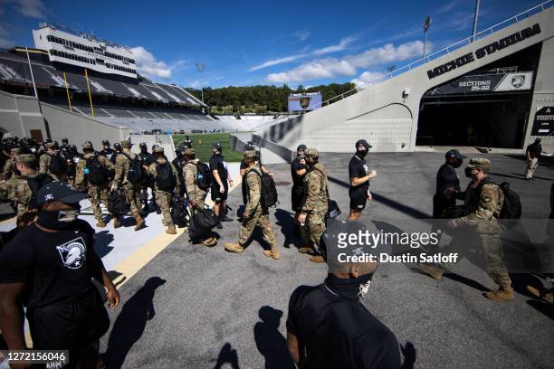 The Army Black Knights arrive at Michie Stadium before the start of a game against the Louisiana Monroe Warhawks on September 12, 2020 in West Point,...