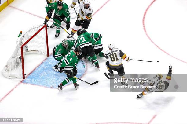 Max Pacioretty of the Vegas Golden Knights hits the post on a shot against Anton Khudobin of the Dallas Stars during the second period in Game Four...
