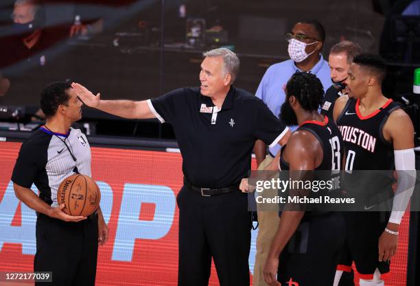 Mike D'Antoni of the Houston Rockets talks to the referee during the third quarter against the Los Angeles Lakers in Game Five of the Western...