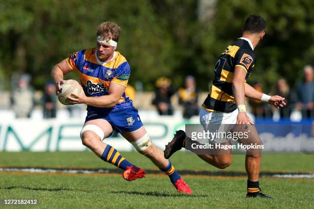 Sam Cane of Bay of Plenty makes a break during the round 1 Mitre 10 Cup match between the Taranaki Bulls and Bay of Plenty Steamers at TET Stadium &...