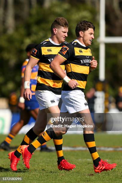 Jordie Barrett and Beauden Barrett of Taranaki leave the field at halftime during the round 1 Mitre 10 Cup match between the Taranaki Bulls and Bay...