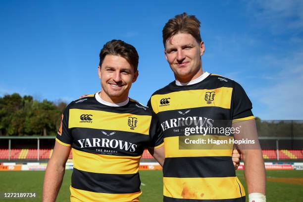 Beauden Barrett and Jordie Barrett of Taranaki pose after the round 1 Mitre 10 Cup match between the Taranaki Bulls and Bay of Plenty Steamers at TET...