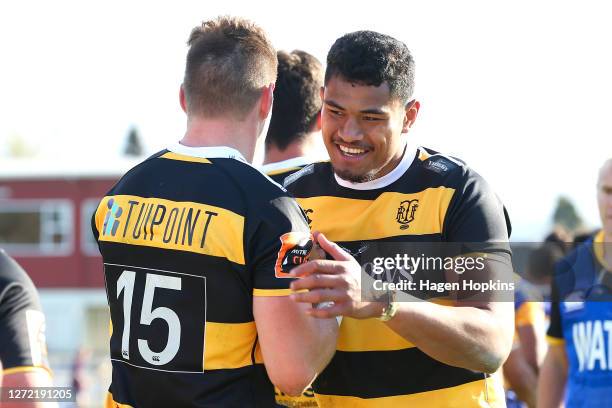 Tupou Vaa'i of Taranaki celebrates the win with teammate Jordie Barrett during the round 1 Mitre 10 Cup match between the Taranaki Bulls and Bay of...