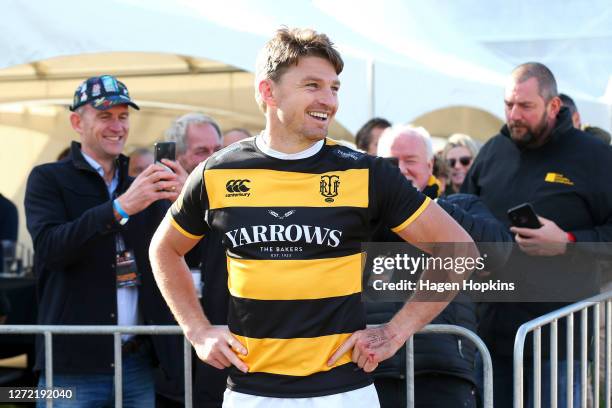 Beauden Barrett of Taranaki enjoys a laugh with Taranaki fans during the round 1 Mitre 10 Cup match between the Taranaki Bulls and Bay of Plenty...