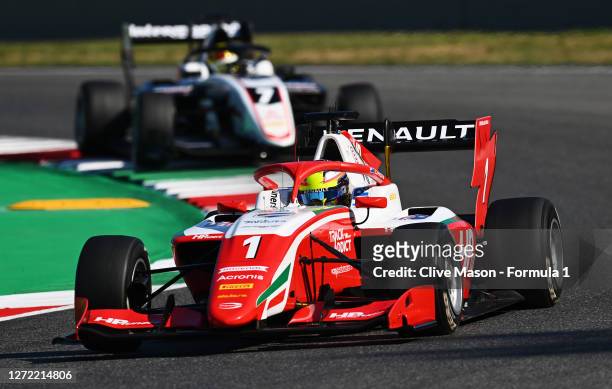 Oscar Piastri of Australia and Prema Racing leads Theo Pourchaire of France and ART Grand Prix during the Formula 3 Championship Second Race at...