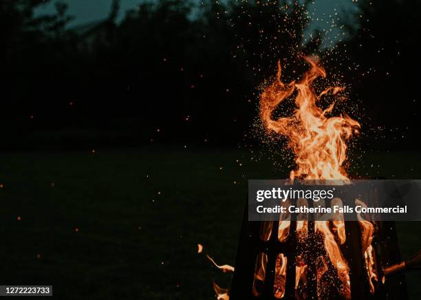 fire pit fiercely burning in the dark with space for copy - metal grate fotografías e imágenes de stock