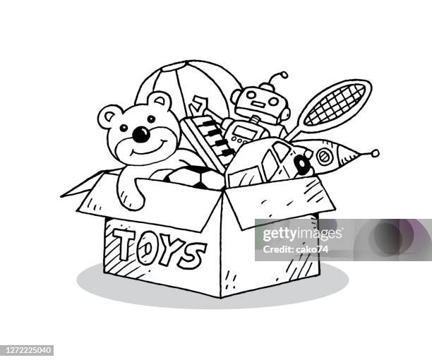 children toys in cardboard toy box - toys stock illustrations