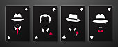 Four aces with mafia men silhouettes. Playing card set. Stock vector illustration.