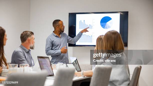 businessman giving presentation with colleagues - tela de projecção imagens e fotografias de stock