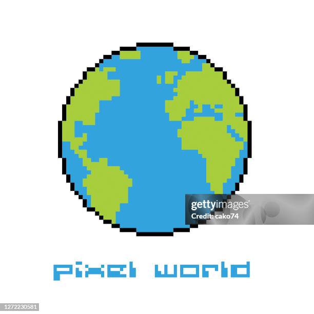 pixel world illustration - 8 bit world map stock illustrations