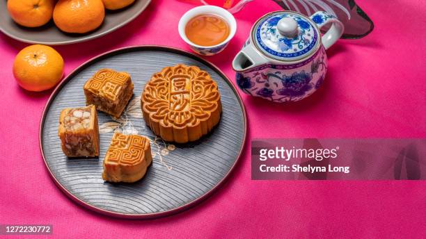 mooncake beauty shot with decoration - mooncake stock pictures, royalty-free photos & images