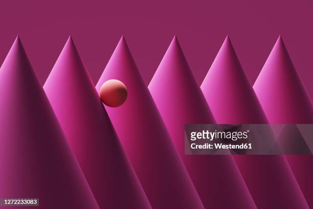 three dimensional render of orange sphere rolling down pink cones - magenta stock-grafiken, -clipart, -cartoons und -symbole
