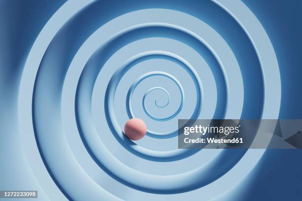 three dimensional render of orange sphere rolling down blue spiral - 螺旋形点のイラスト素材／クリップアート素材／マンガ素材／アイコン素材