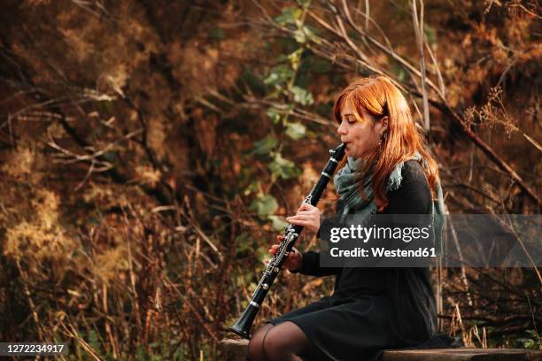 beautiful redhead female musician practicing playing clarinet while sitting on bench in forest - クラリネット ストックフォトと�画像